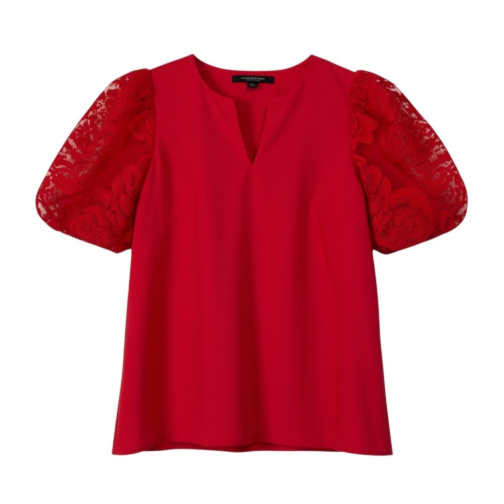 Marc New York Blouse M Red Womens Lace Puff Sleeve V-Neck Top Excellent